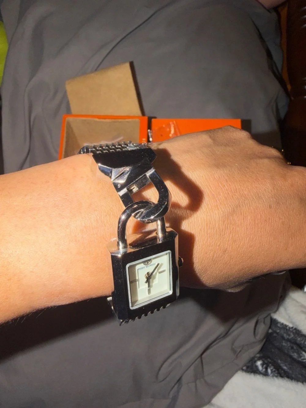 Tory Burch stainless Tory Burch Surrey Silver-Tone Chain Lock Watch TBW7101